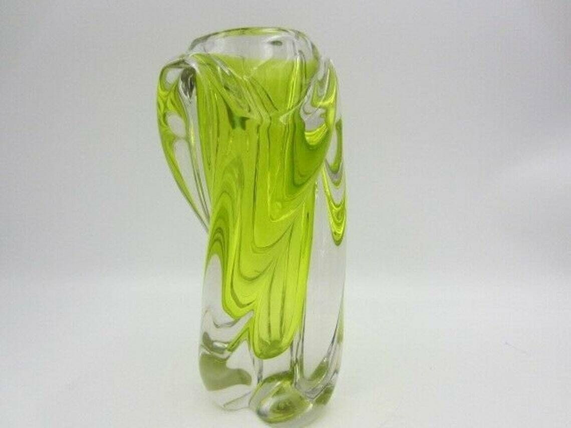 Xl Vintage Acid Lime Sommerso Hand Made Twisted Sculptural Art Glass Vase Czech photo Home Decor