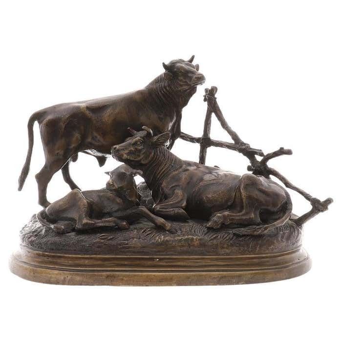 After Jules Moigniez (1835 1894), Bronze Figure Of A Bull, Cow & Calf Home Décor