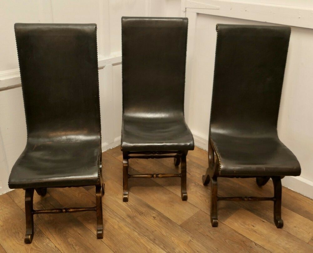 3 Matching Mid Century Leather And Oak Fireside Sling Chairs By Pierre Lottier photo furniture