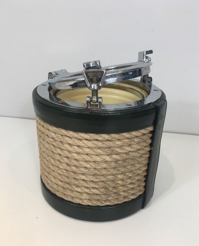 50s 29301: In The Style Of Jacques Adnet. Unusual Chrome, Leather And Rope Ice Bucket photo vintage
