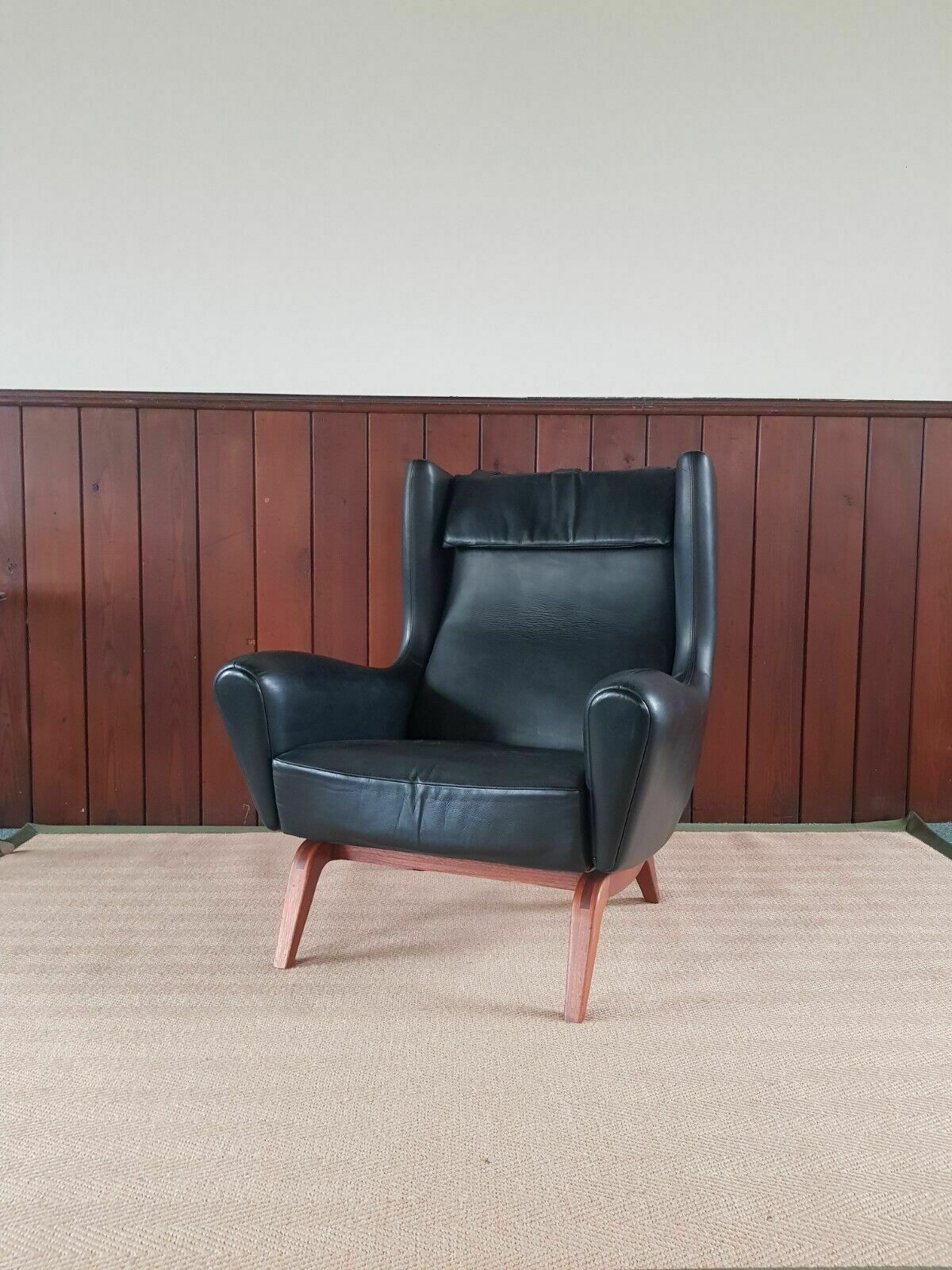 Rare 1950 Illum Wikkelso Leather Wingback Chair ''Model 110'' Teak Mid Century photo for sale