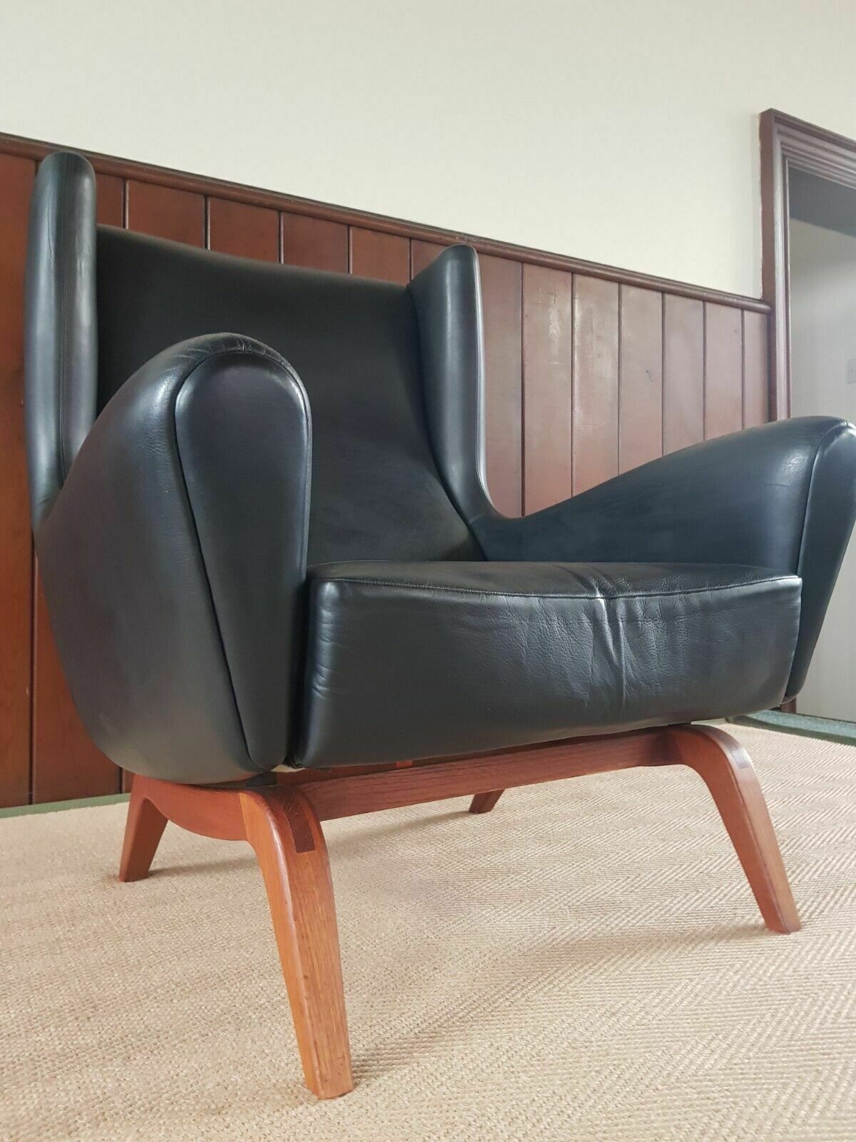 Rare 1950 Illum Wikkelso Leather Wingback Chair ''Model 110'' Teak Mid Century photo 2750.0