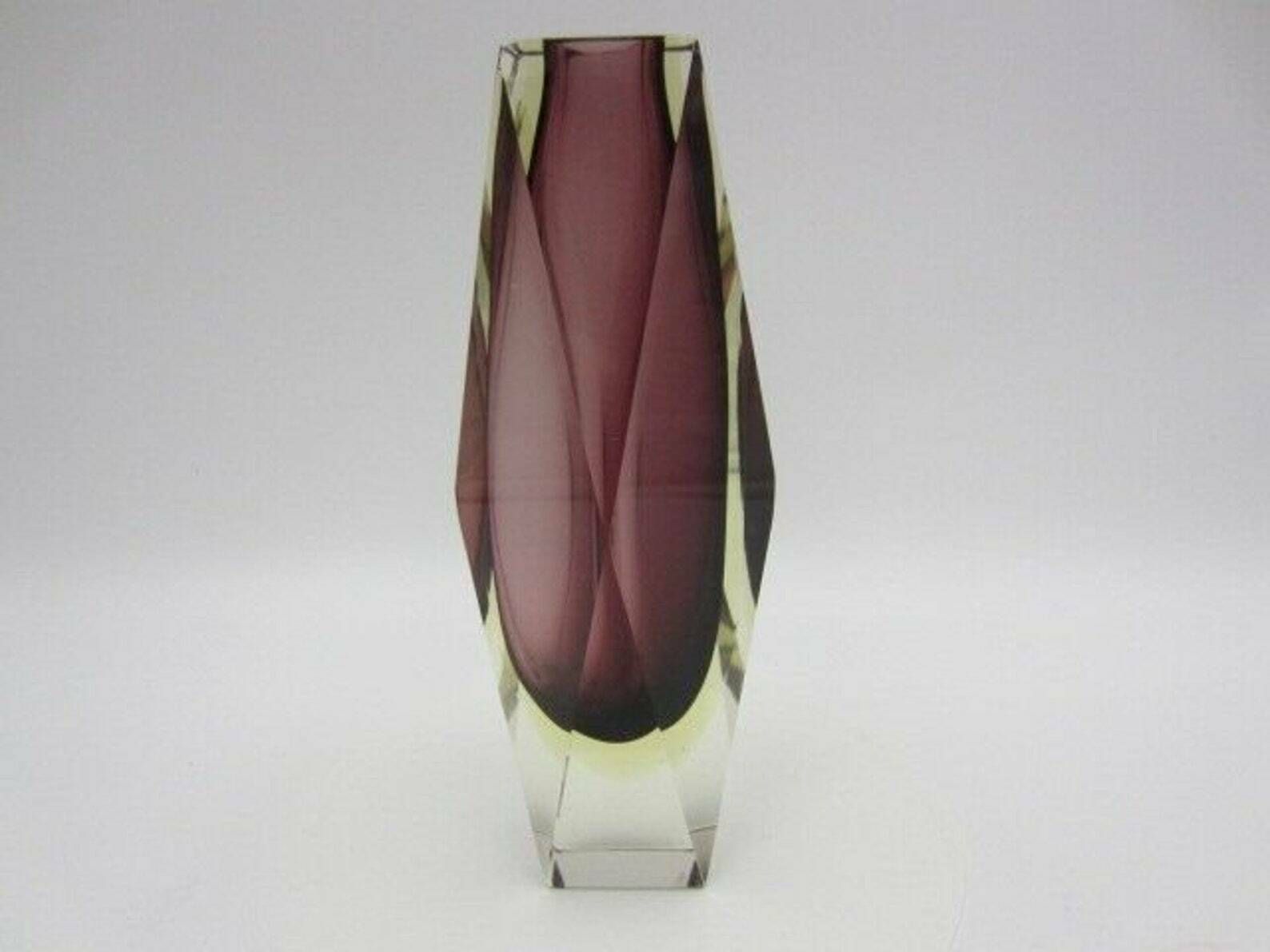 Geometric Purple And Golden Amber Murano Italy Sommerso Symmetric Art Glass Vase