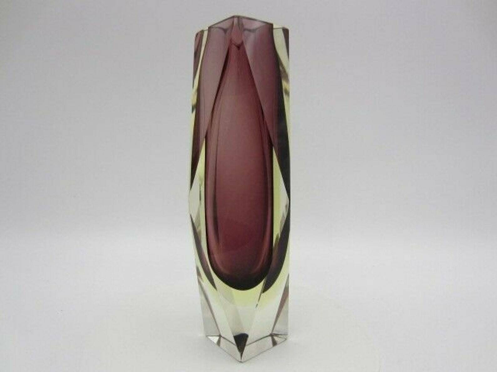 Geometric Purple And Golden Amber Murano Italy Sommerso Symmetric Art Glass Vase photo furniture