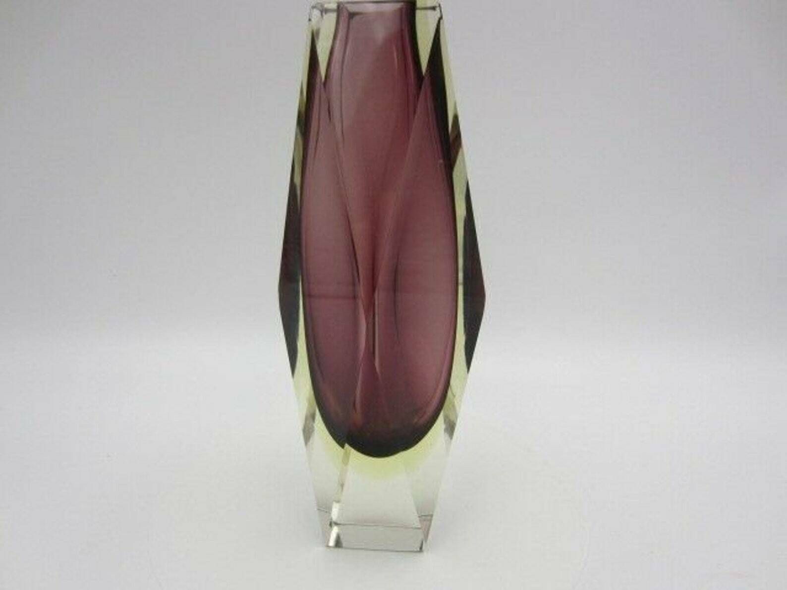 Geometric Purple And Golden Amber Murano Italy Sommerso Symmetric Art Glass Vase photo vintage