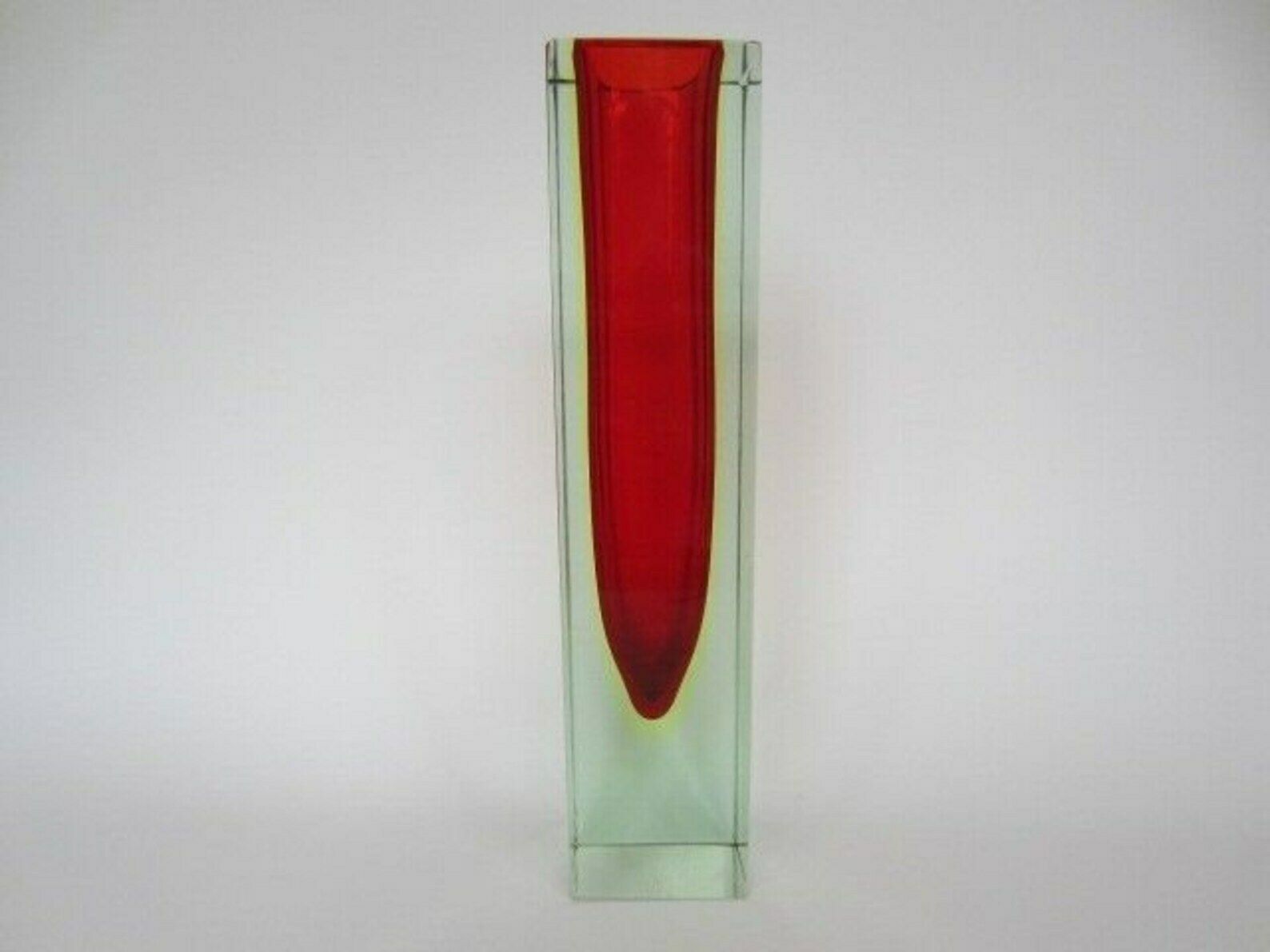 Monumental Vase Red Yellow Glowing Green Block Cut Murano Sommerso Art Glass photo Home Decor
