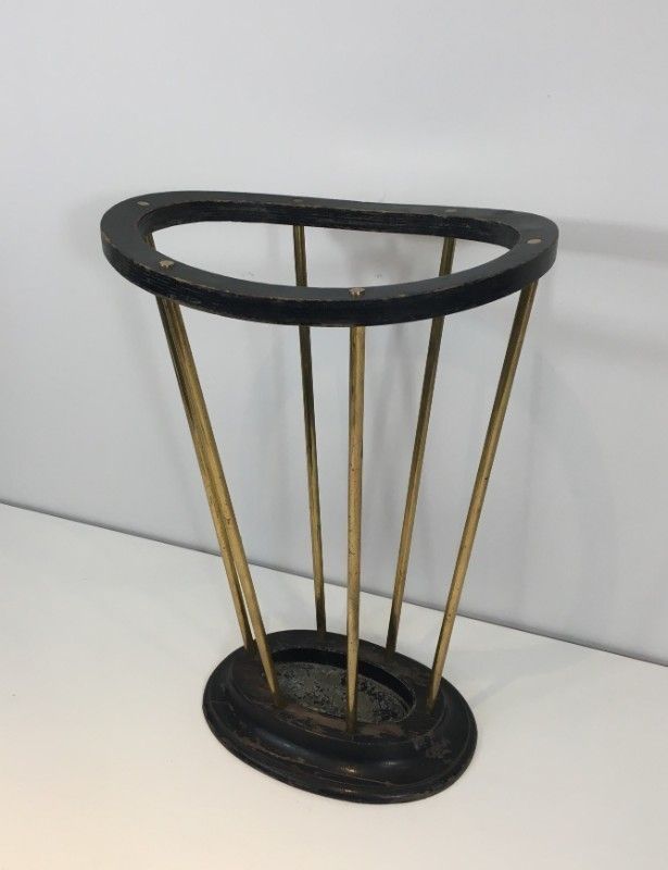 50s 29283: Attributed To Jacques Adnet. Ebonised Wood And Brass Umbrella Stand. French photo furniture