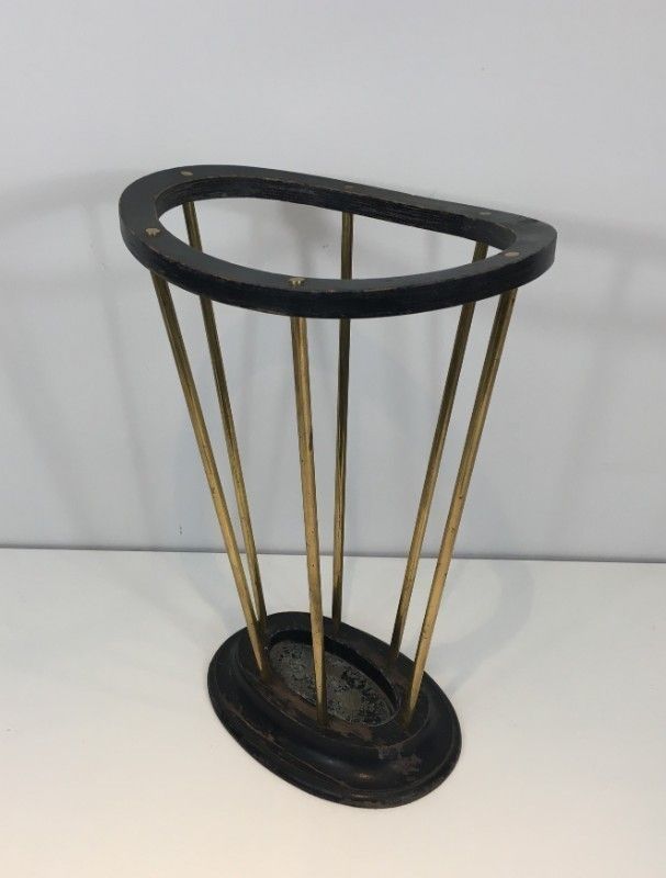 50s 29283: Attributed To Jacques Adnet. Ebonised Wood And Brass Umbrella Stand. French photo for sale