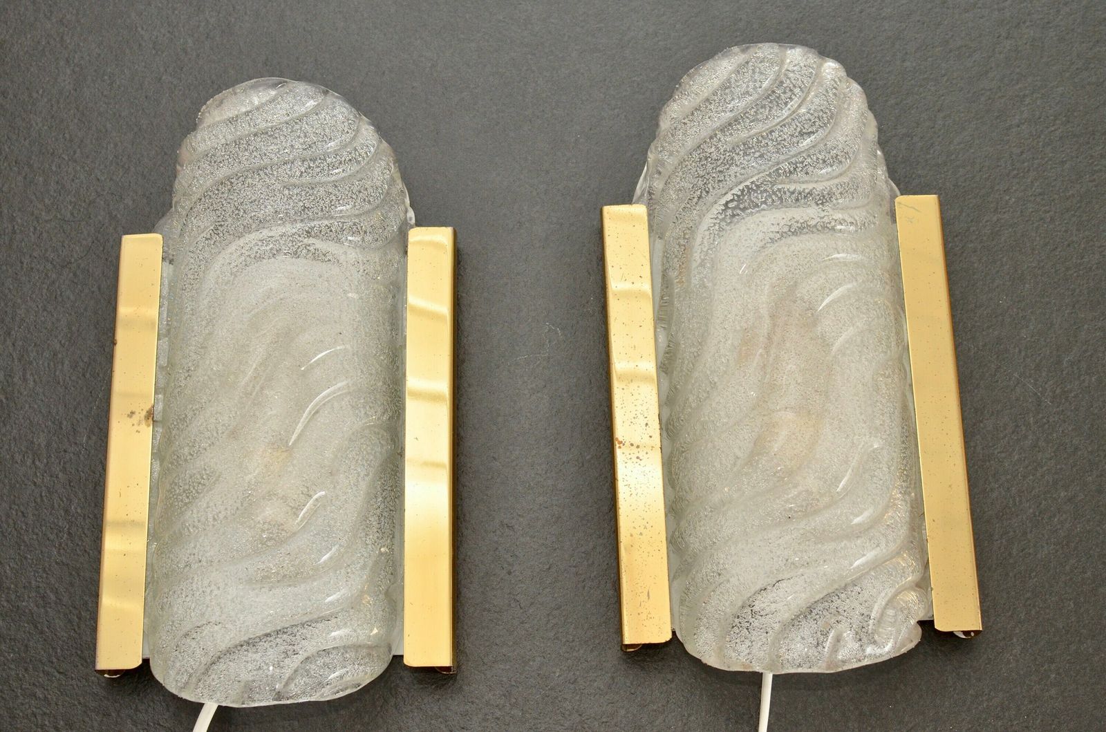 Pair Of Midcentury Brass And Iced Glass Wall Lamps By Fischer Leuchten, Germany 1970s photo vintage