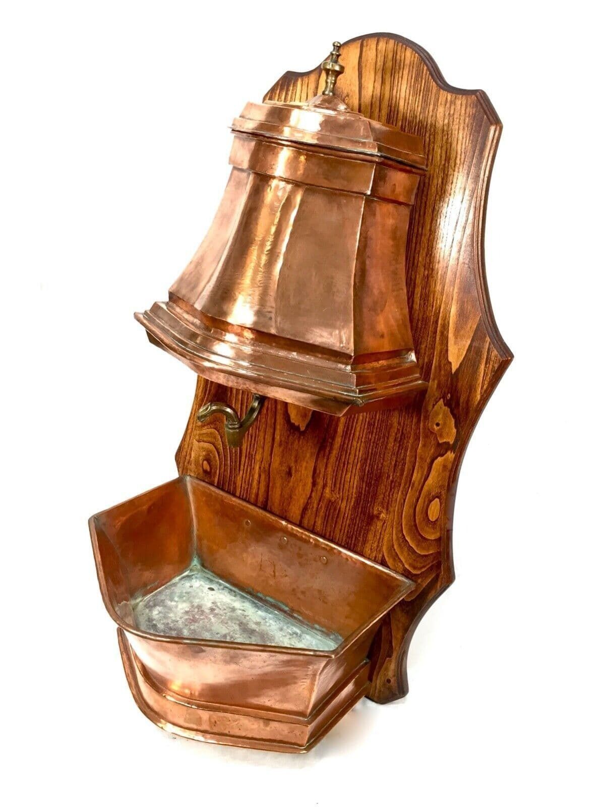 Antique French Copper Wall Fountain / Water Feature On Oak Display Board C1900