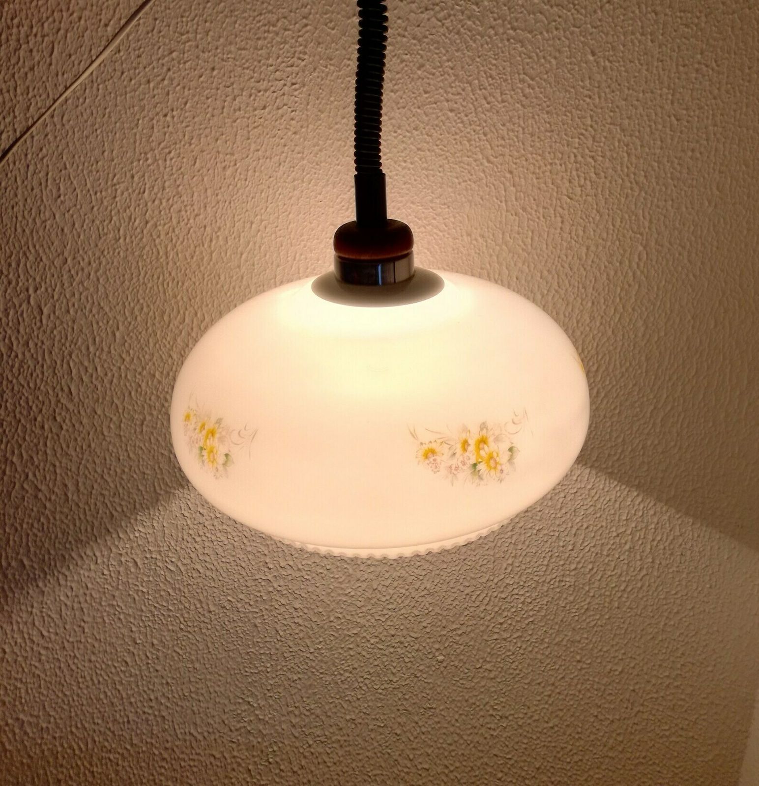 Vintage Farmhouse Style Pendant Light / Opaline Glass With Flower Motif / Mid Century Yugoslavia / Rustic Decor photo furniture