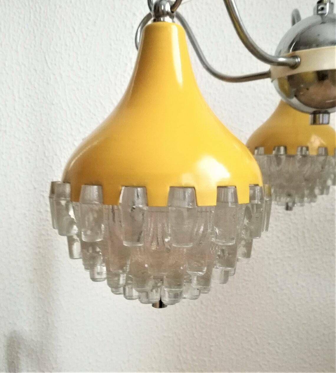 Vintage Teardrop Chandelier  Midcentury Pendant Light  Space Age  Yellow And Silver  Pineapple Shape photo vinterior