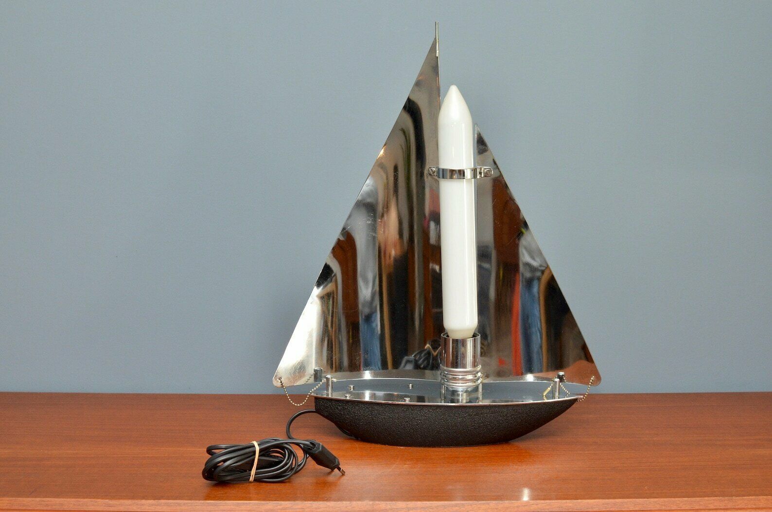 Very Rare Art Deco Style Chromed Sailing Boat Table Lamp 1970s photo for sale