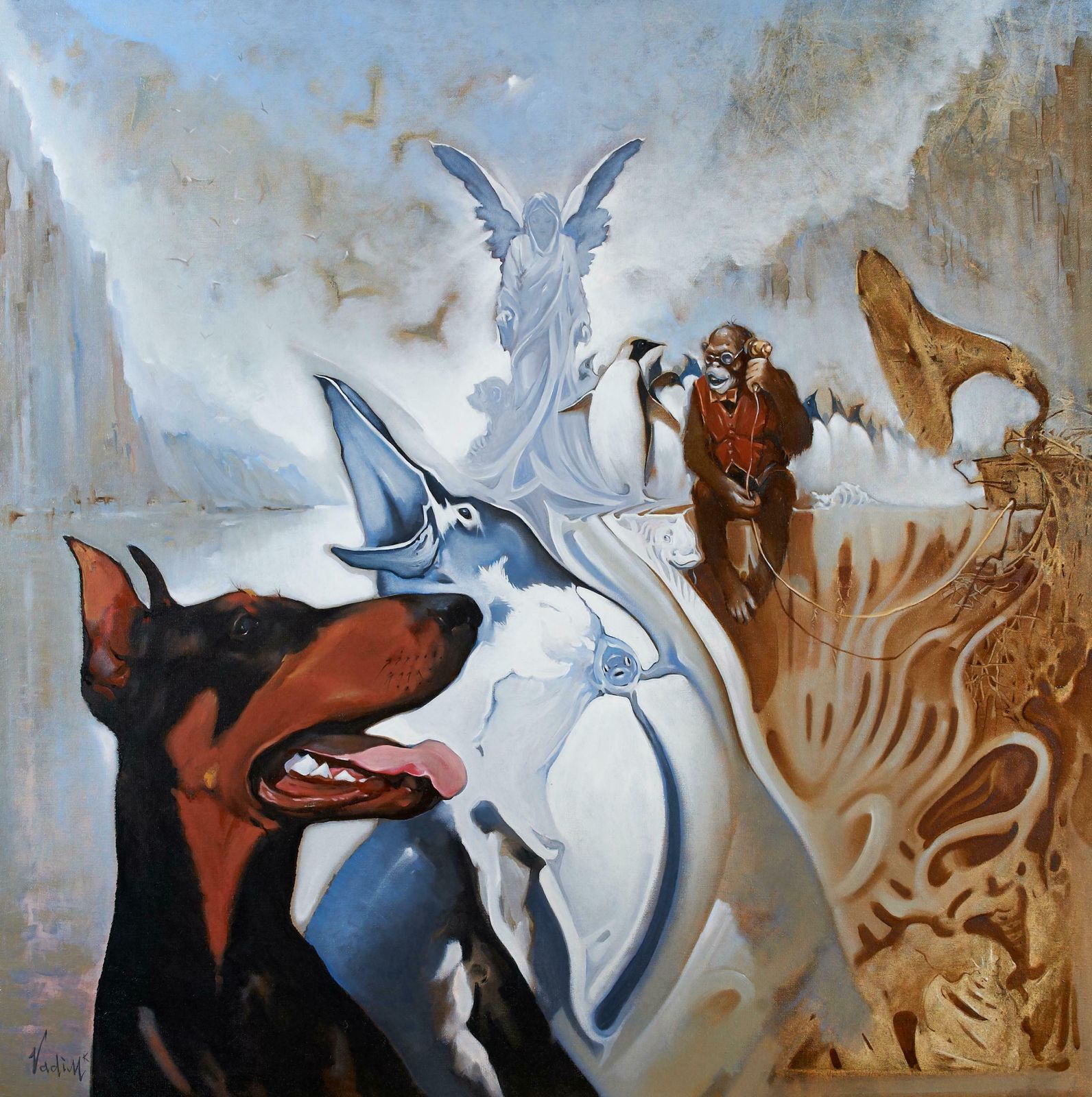 Doberman And Gramophone Oil On Canvas