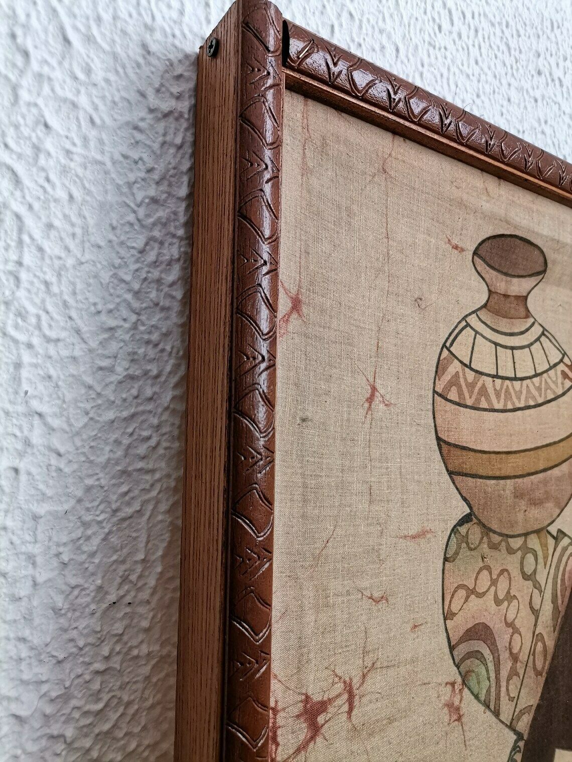 Authentic African Painting / Woman And Child / Etched Wooden Frame / Decoration / 20th Century photo 172.0