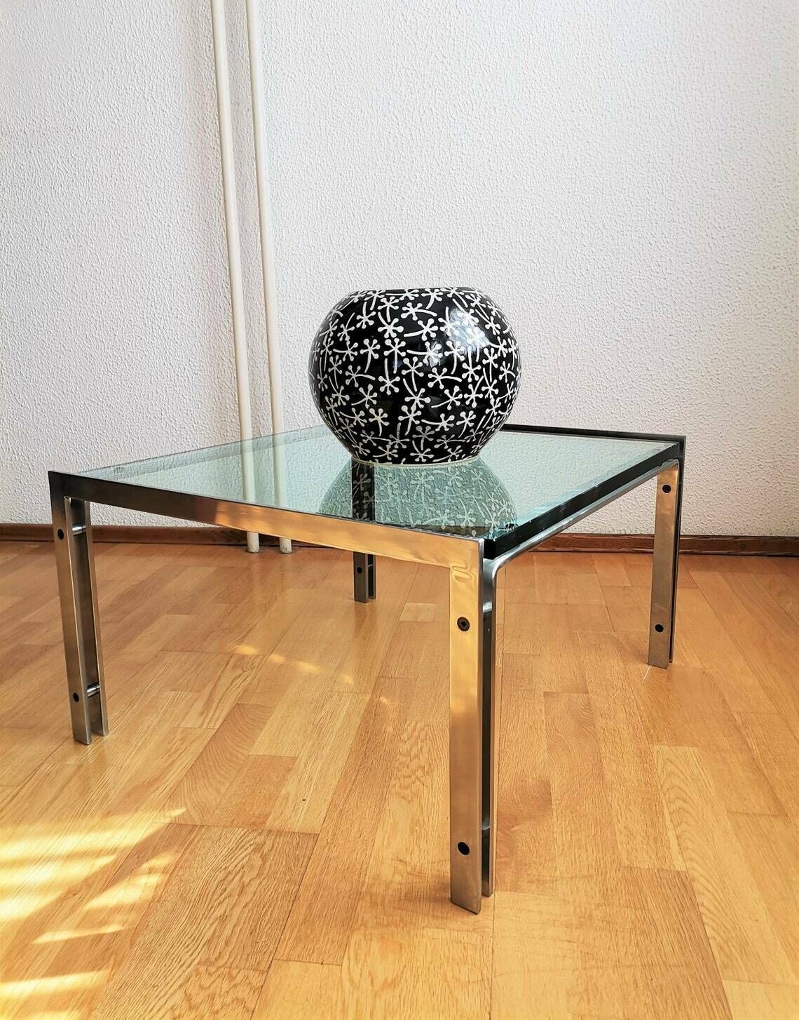 Modern Coffee Table / Hank Kwint Design For Metaform / M1 Model / Vintage Metal And Glass Side Table / Minimalist Style