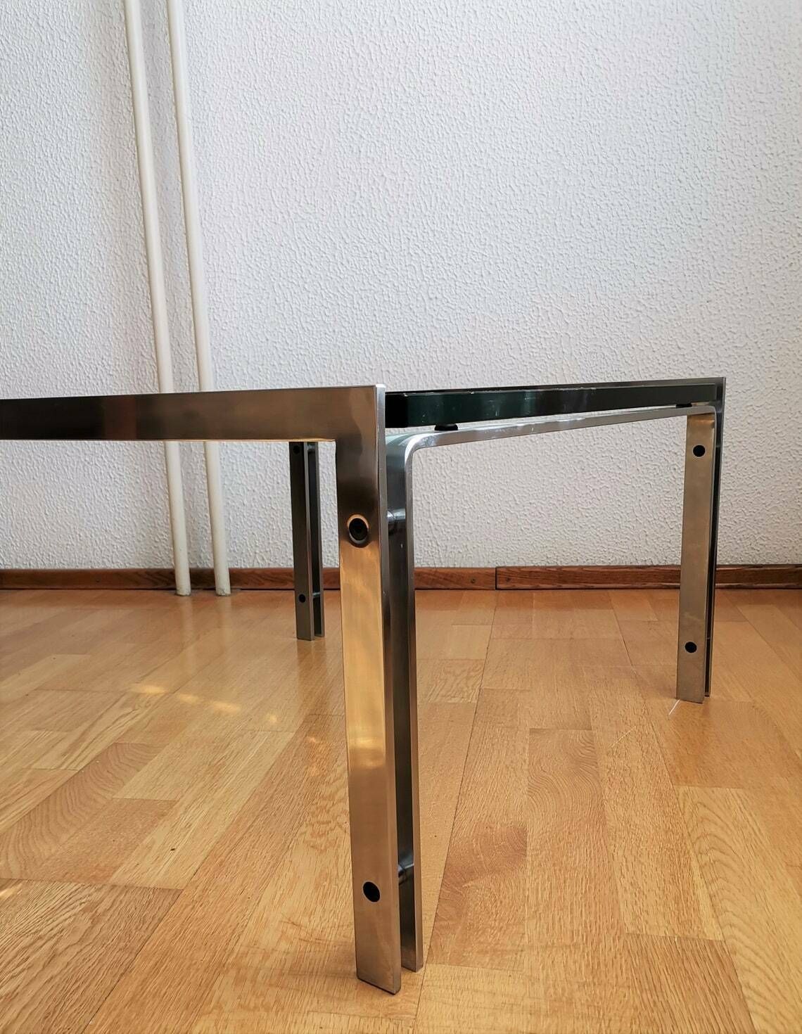 Modern Coffee Table / Hank Kwint Design For Metaform / M1 Model / Vintage Metal And Glass Side Table / Minimalist Style photo vinterior