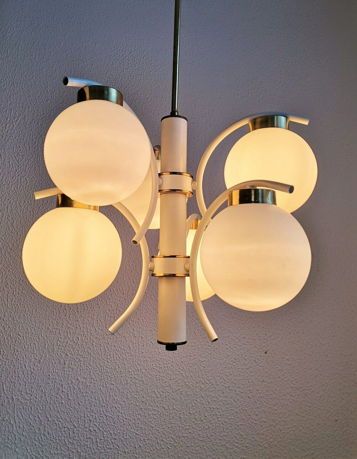 White & Gold 6 Sphere Chandelier / Sputnik Style / Vintage 70s Yugoslavia / Brass And Glass / Mid Century Modern Home photo 299.0