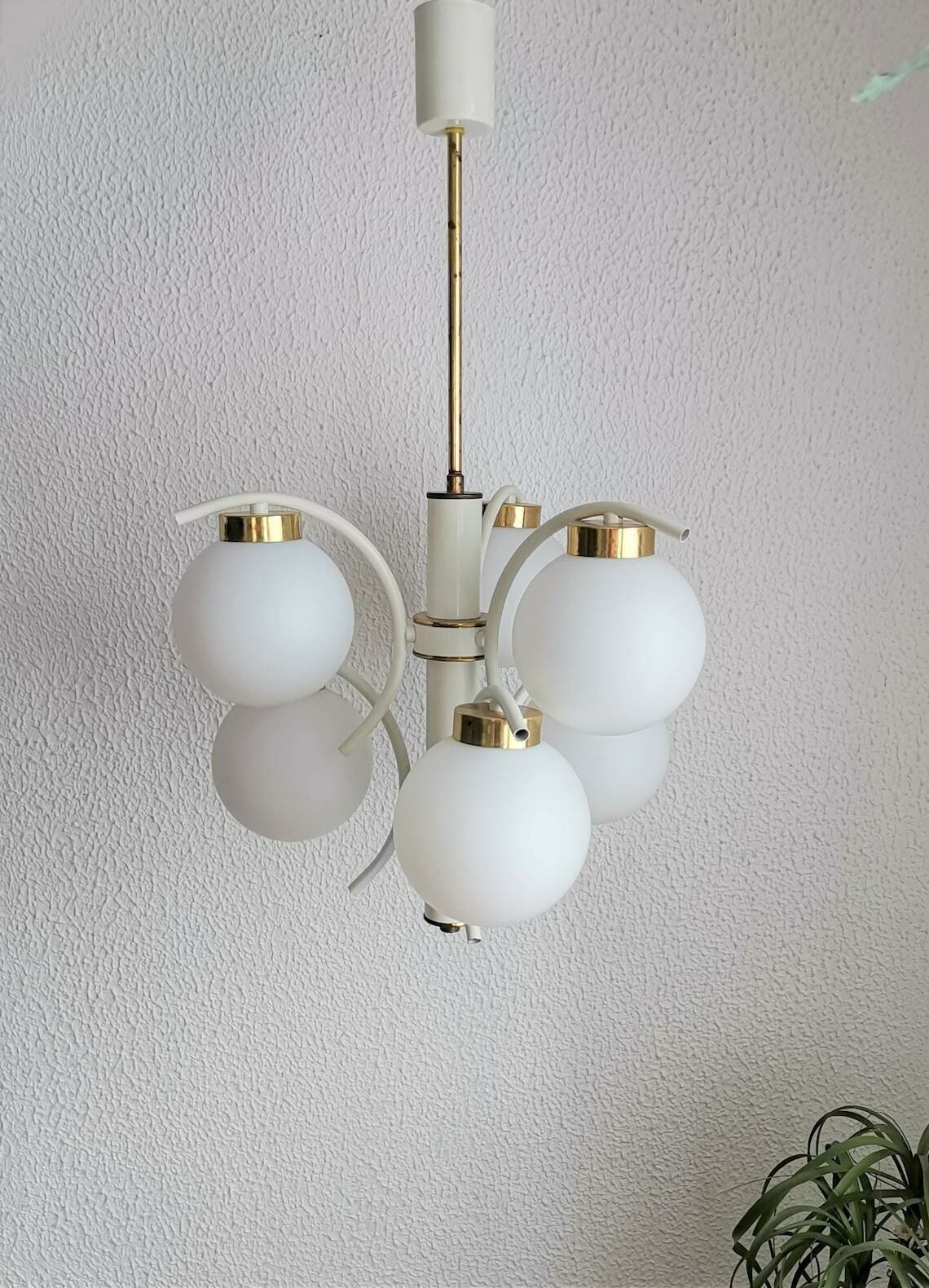 White & Gold 6 Sphere Chandelier / Sputnik Style / Vintage 70s Yugoslavia / Brass And Glass / Mid Century Modern Home photo vintage