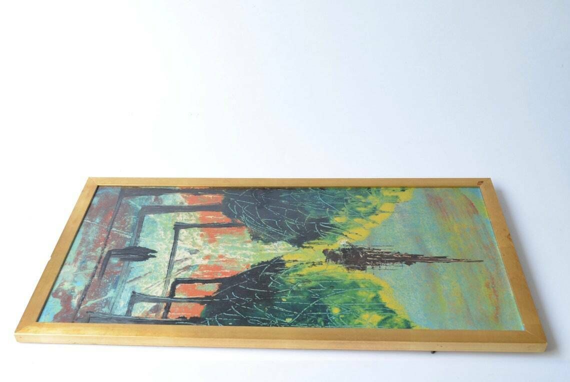 photo for sale Vintage Midcentury Semi Abstract Cityscape Oil Painting, 1970s