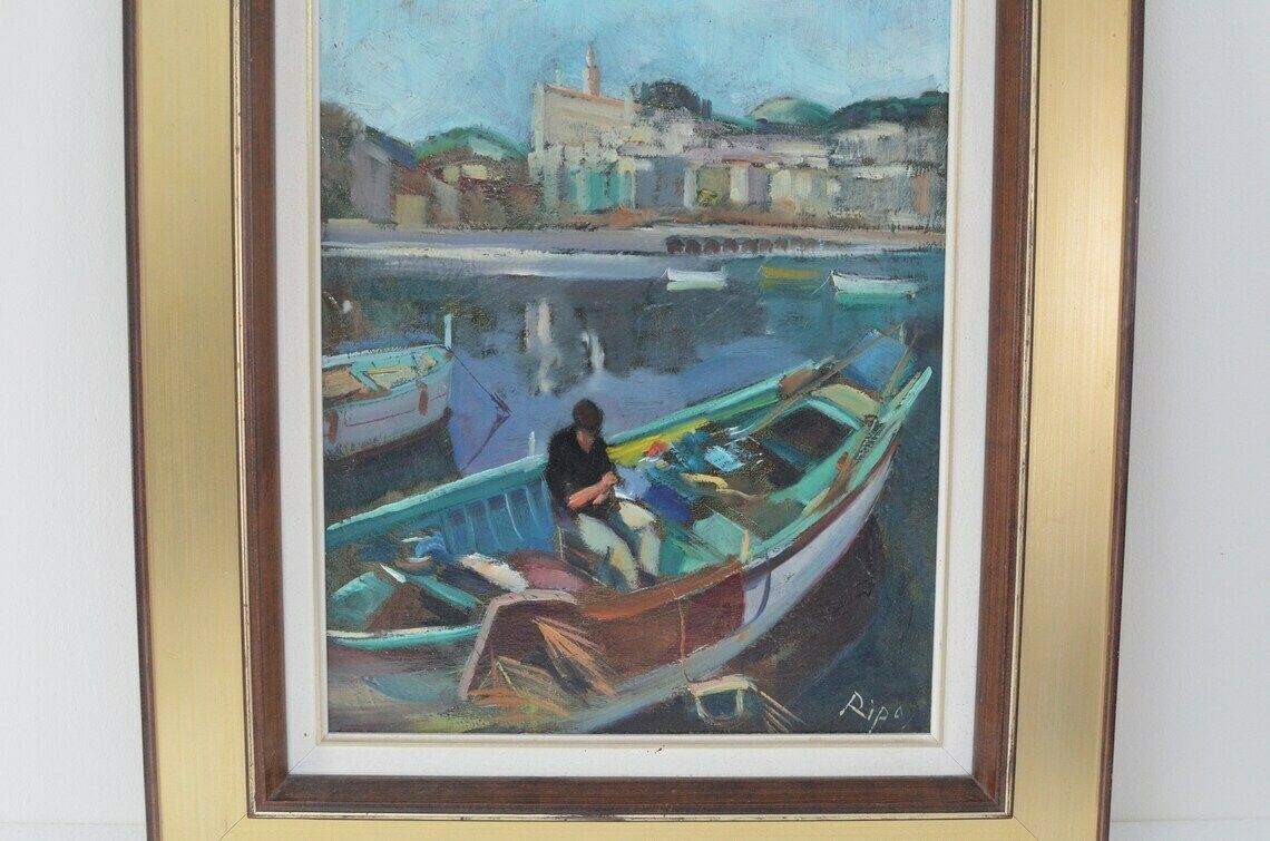 Vintage Swedish Midcentury Semi Abstract Harbour Scene Oil Painting By Hans Ripa, 1970s photo Art