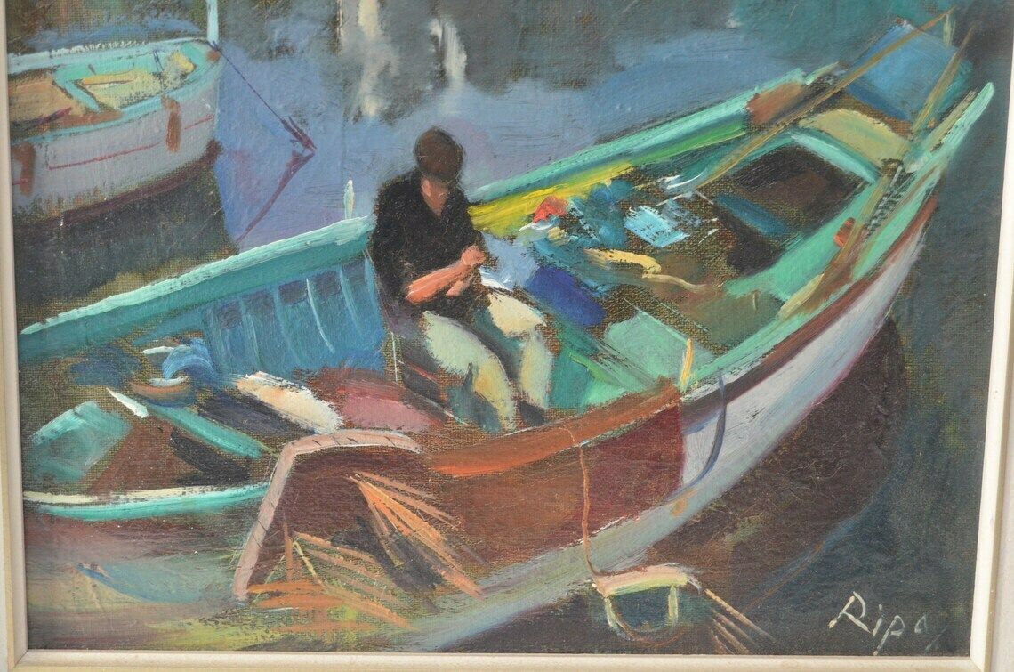 Vintage Swedish Midcentury Semi Abstract Harbour Scene Oil Painting By Hans Ripa, 1970s photo vintage