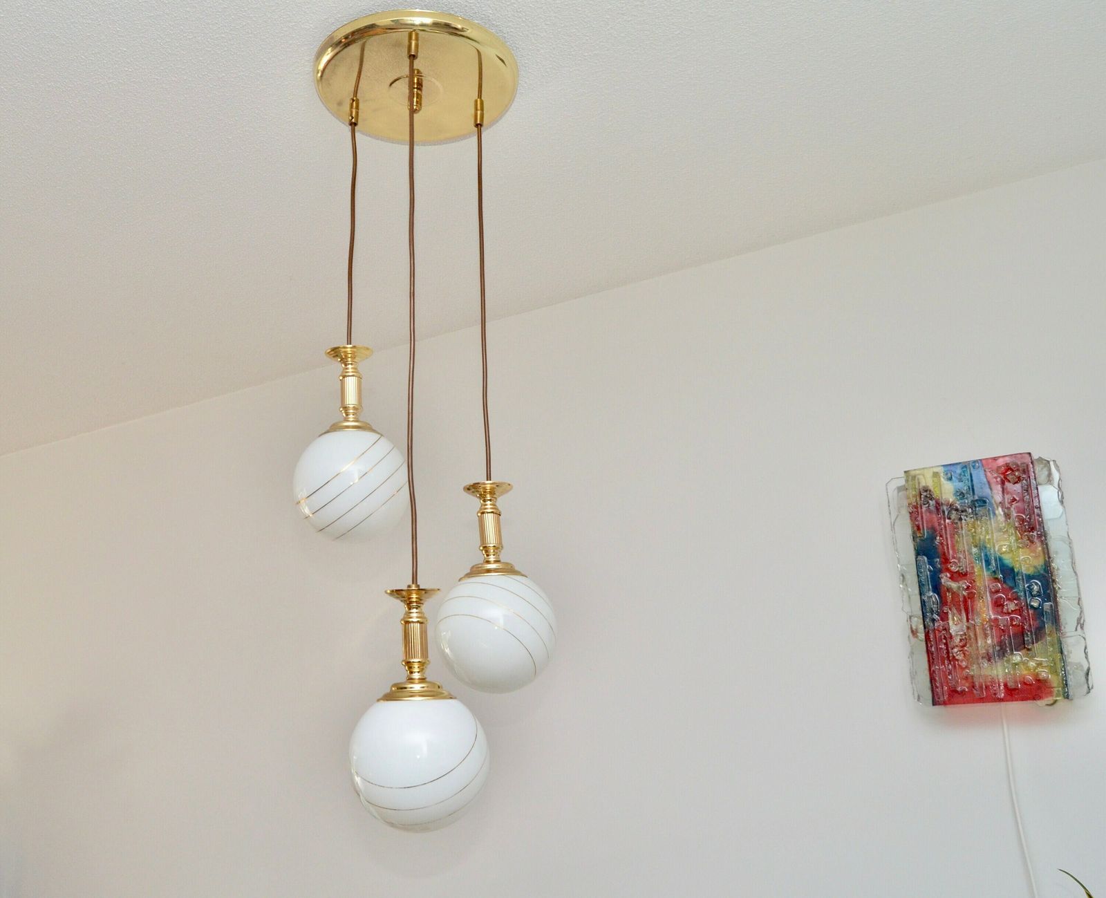 Midcentury Hanging Cascade Hanging Lamp By Massive Belgium With Gold Stripes, 1980s