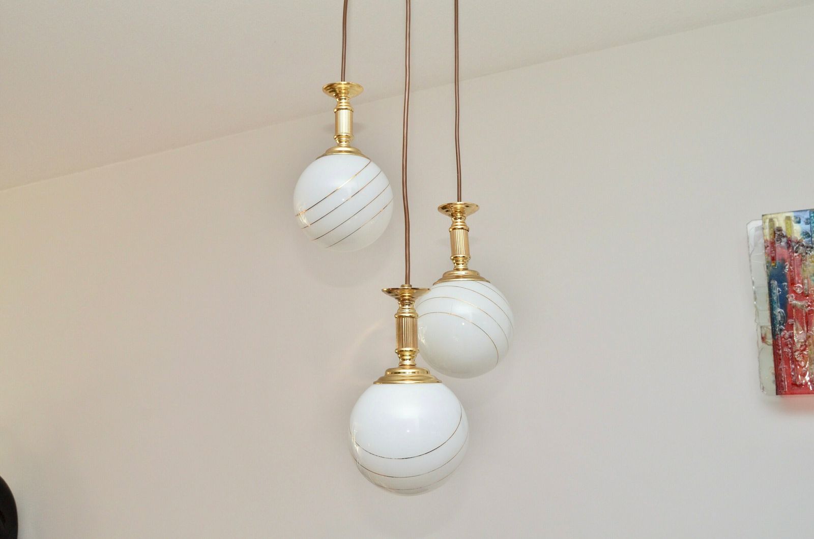 Midcentury Hanging Cascade Hanging Lamp By Massive Belgium With Gold Stripes, 1980s photo vintage
