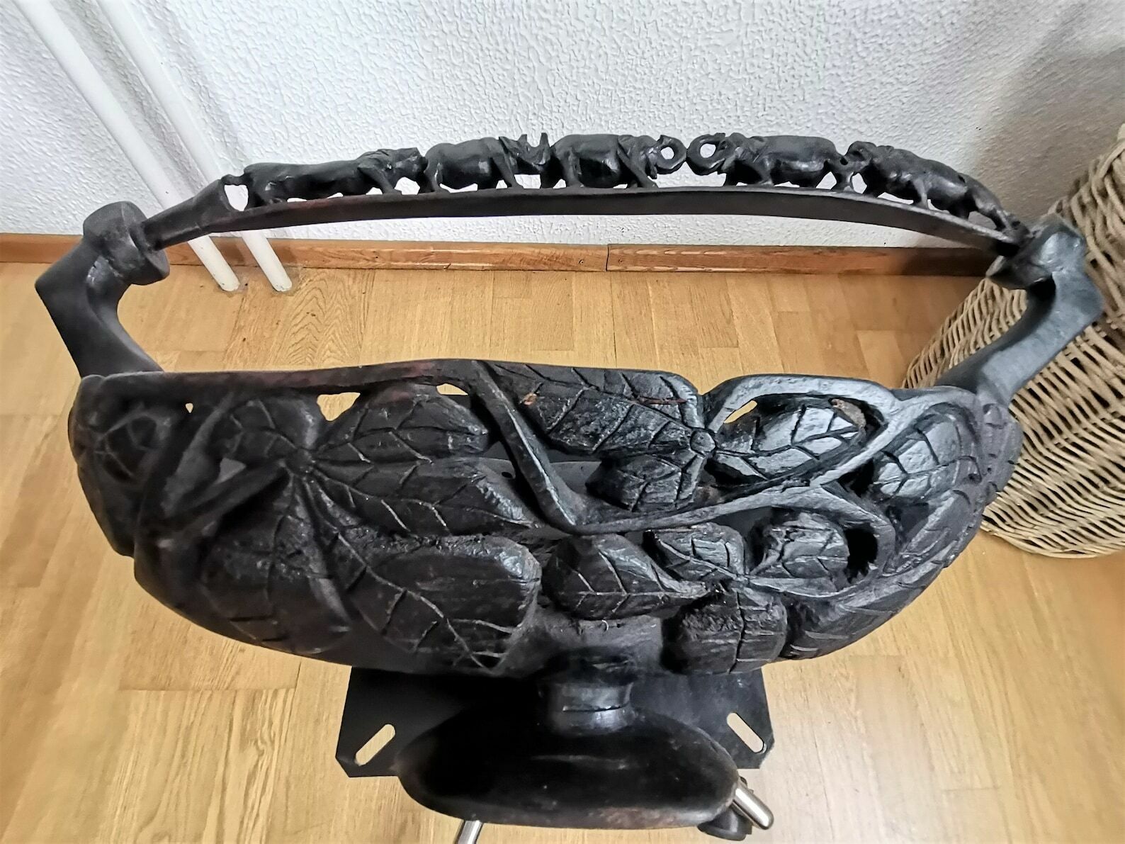 Authentic African Wooden Basket / Hand Carved Animal Motif / Elephant Lion Rhino Carvings / Fruit Bowl / Decoration / 20th Century photo for sale