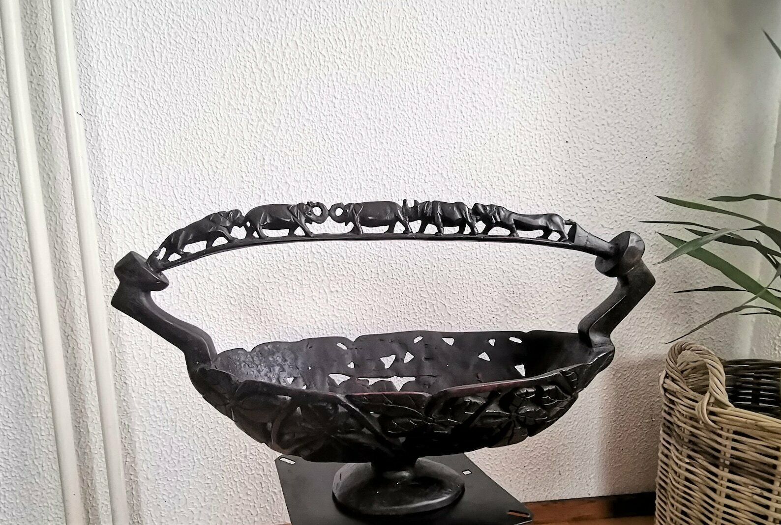 Authentic African Wooden Basket / Hand Carved Animal Motif / Elephant Lion Rhino Carvings / Fruit Bowl / Decoration / 20th Century photo buy