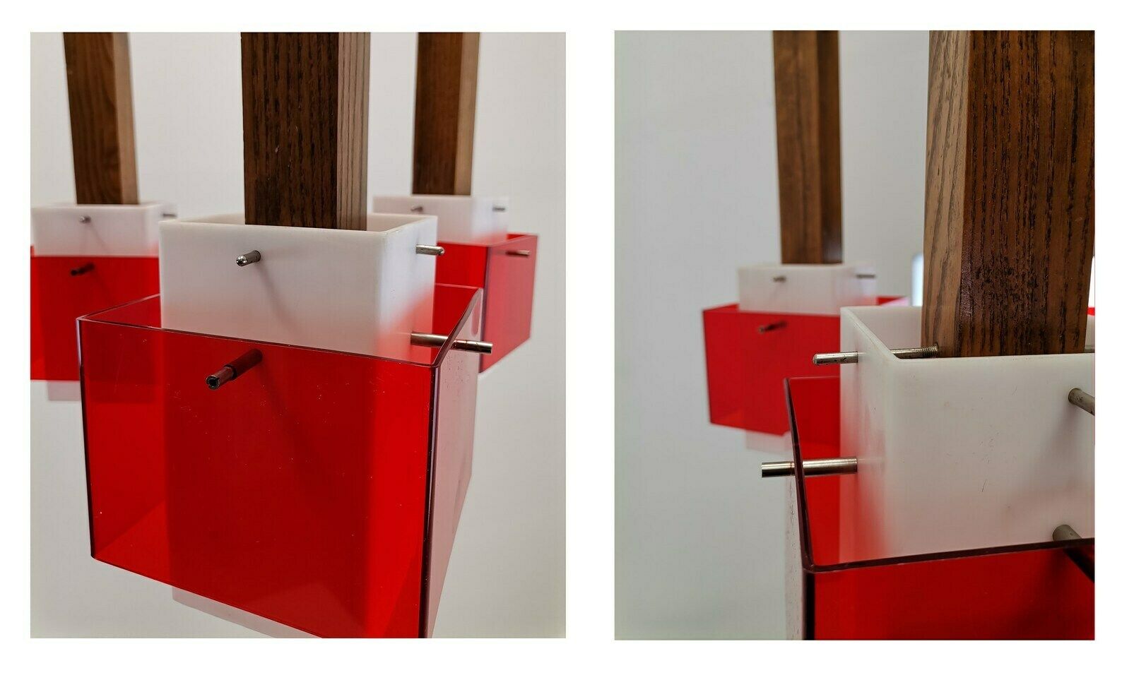 photo furniture Harvey Guzzini 3 Cube Pendant Light / Midcentury Meblo Yugoslavia / Plexiglas, Wood And Metal Chandelier / Space Age Geometric Hanging Light