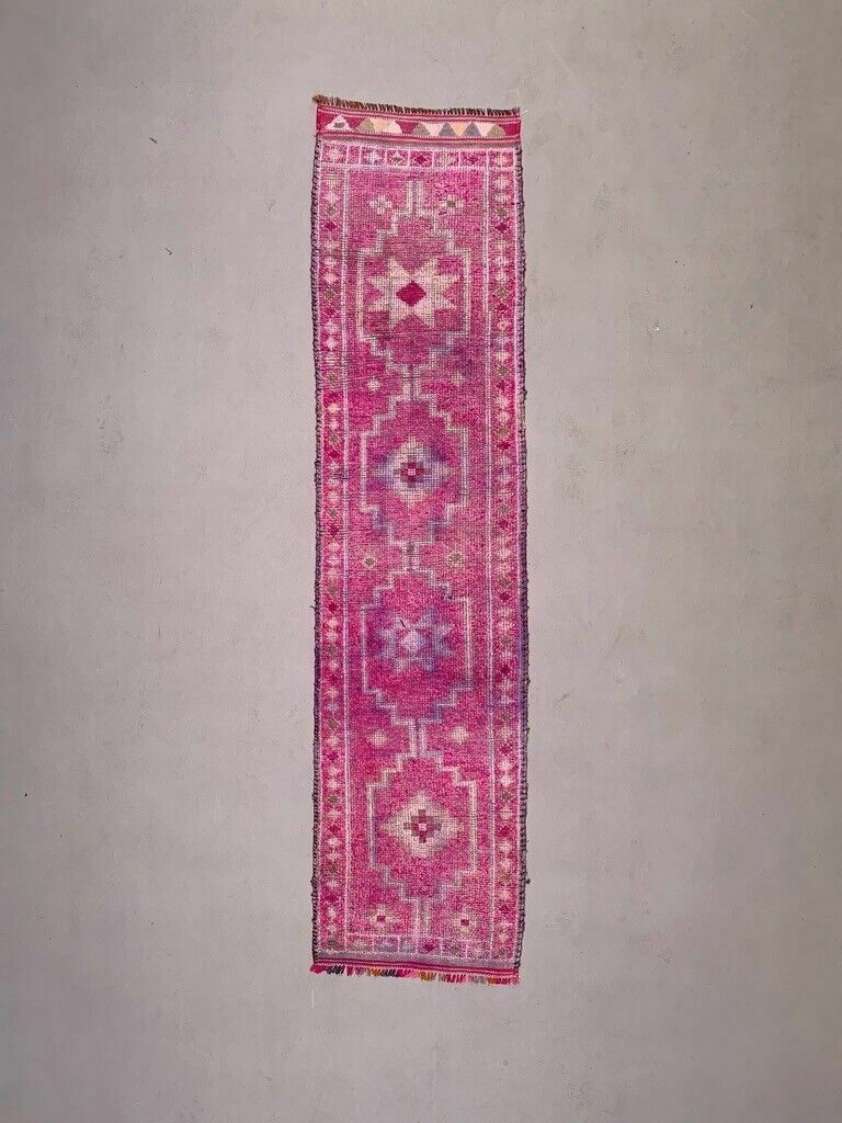 Vintage Turkish Tribal Runner 355x90 Cm Veg Dye Wool Rug Tribal, Handmade
