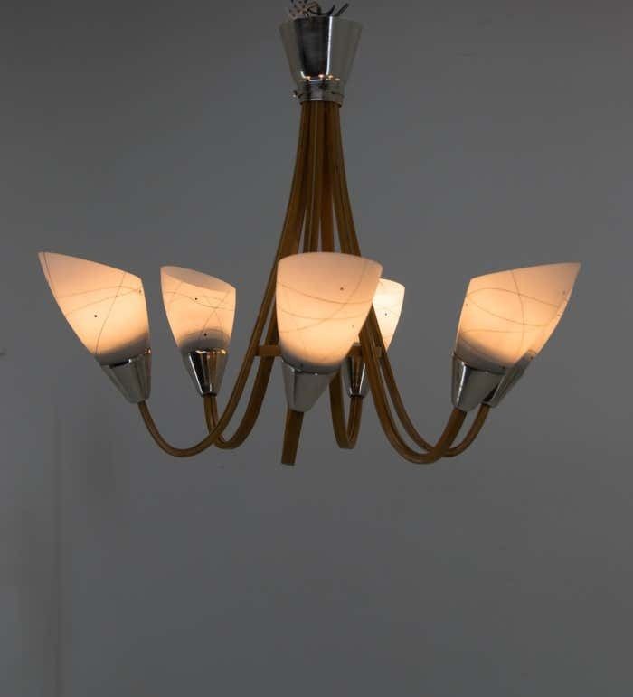 Midcentury Wood & Glass Chandelier By Dřevo Humpolec, 1960s photo for sale
