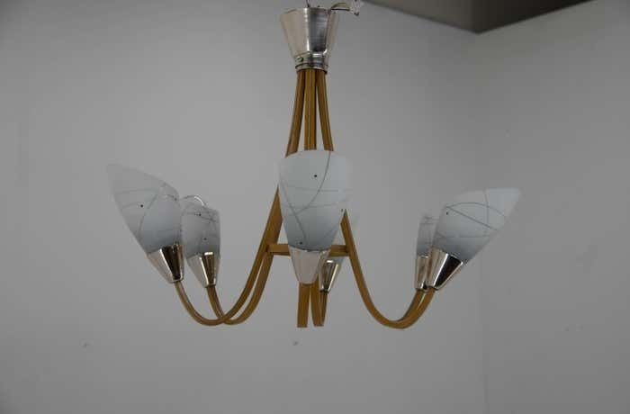 Midcentury Wood & Glass Chandelier By Dřevo Humpolec, 1960s photo vinterior