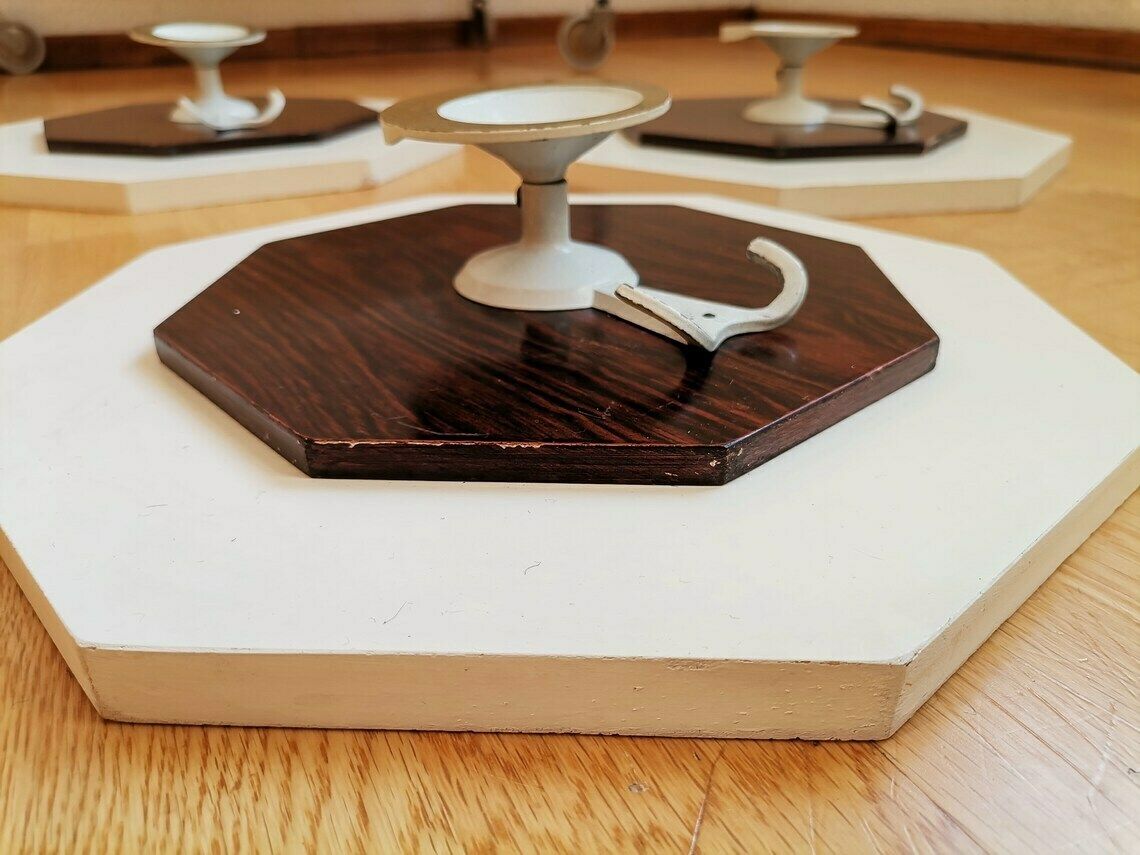 Set Of 3 Wooden Wall Hangers / Vintage Wall Hook On Octagonal Wooden Frame / Coat Rack Or Towel Rack From 80s Yugoslavia photo vintage