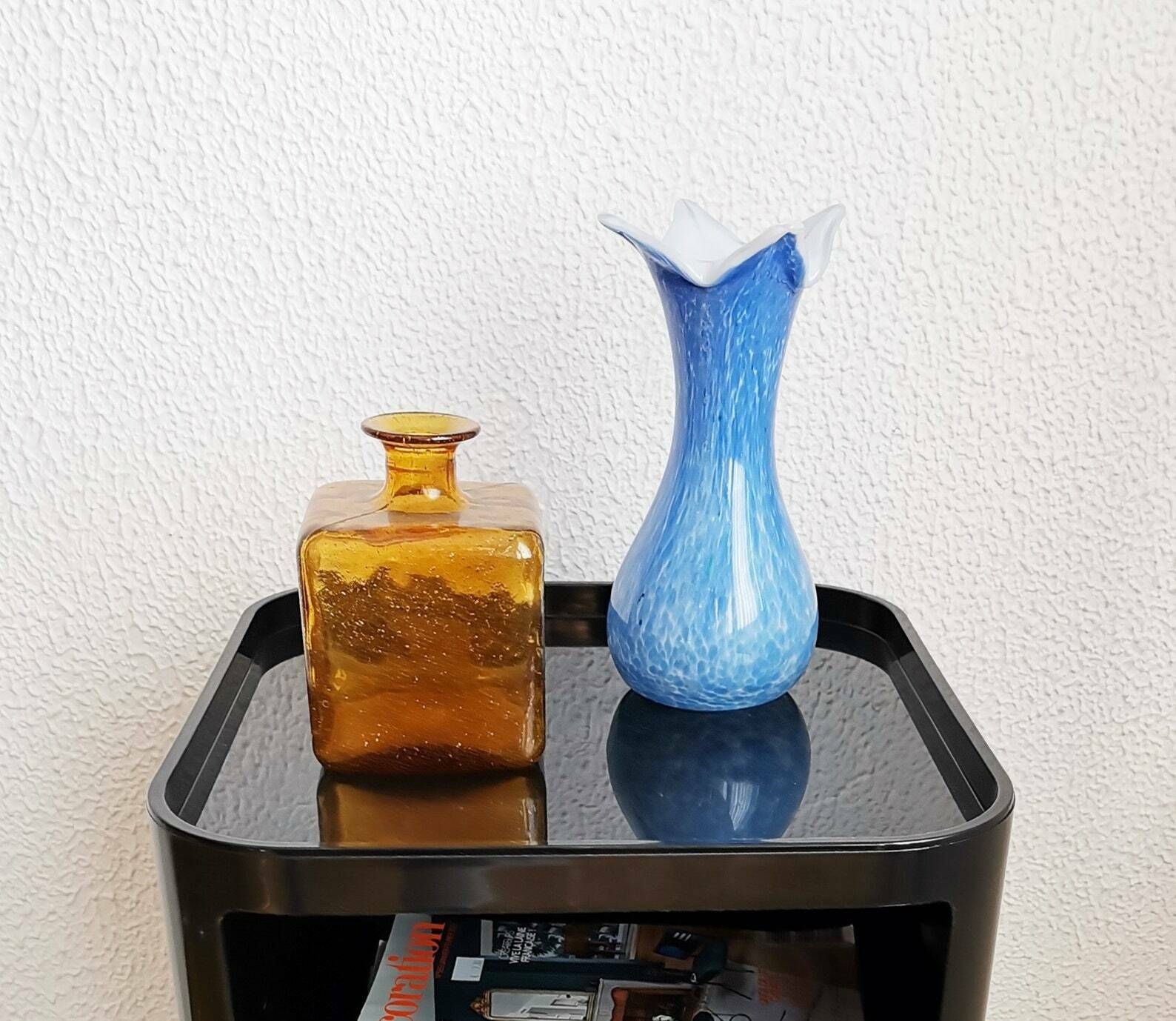 Vintage Mottled Light Blue Vase / Handblown Glass / Flower Petal Top / 80s Yugoslavia photo 65.0