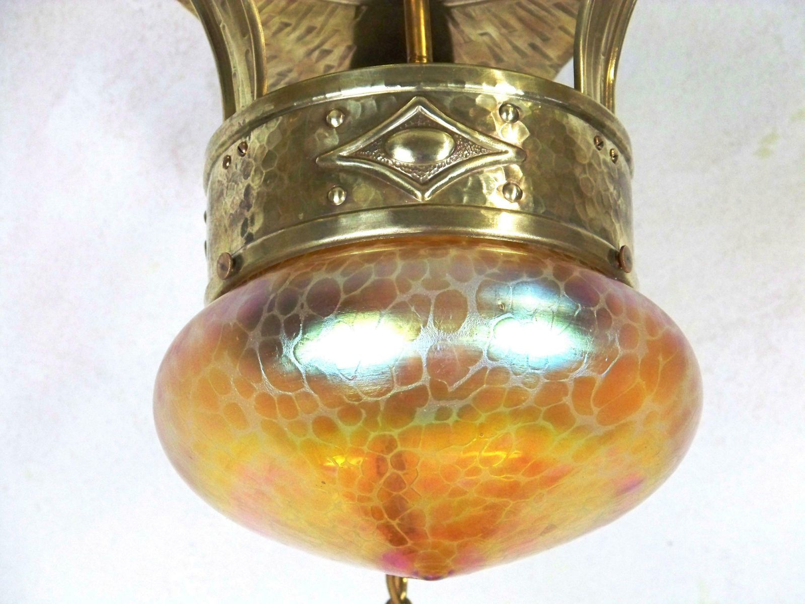 Art Nouveau Chandelier, Ceiling Lamp, With Iridescent Glass, Loetz photo for sale