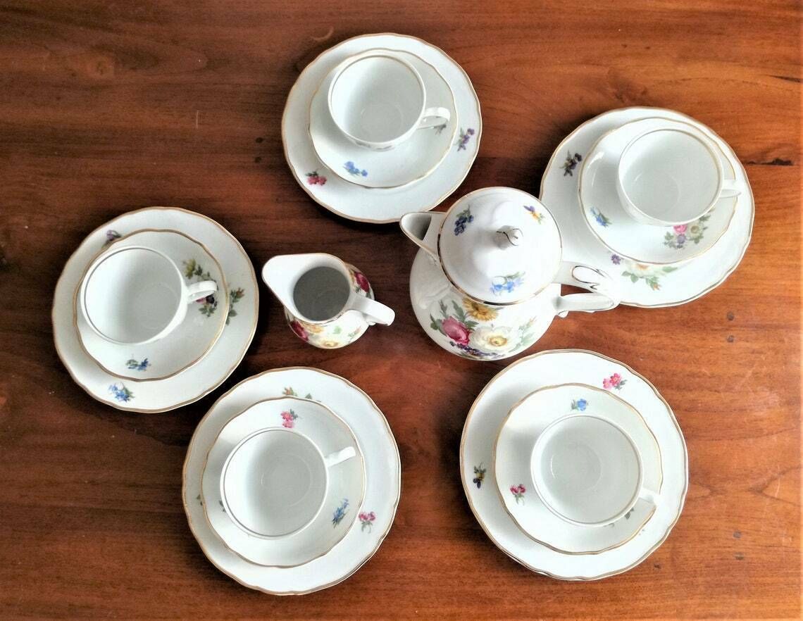 Coffee Or Tea Set  Porcelain With Floral Motif  Tirschenreuth Bavaria  German Porcelain photo for sale