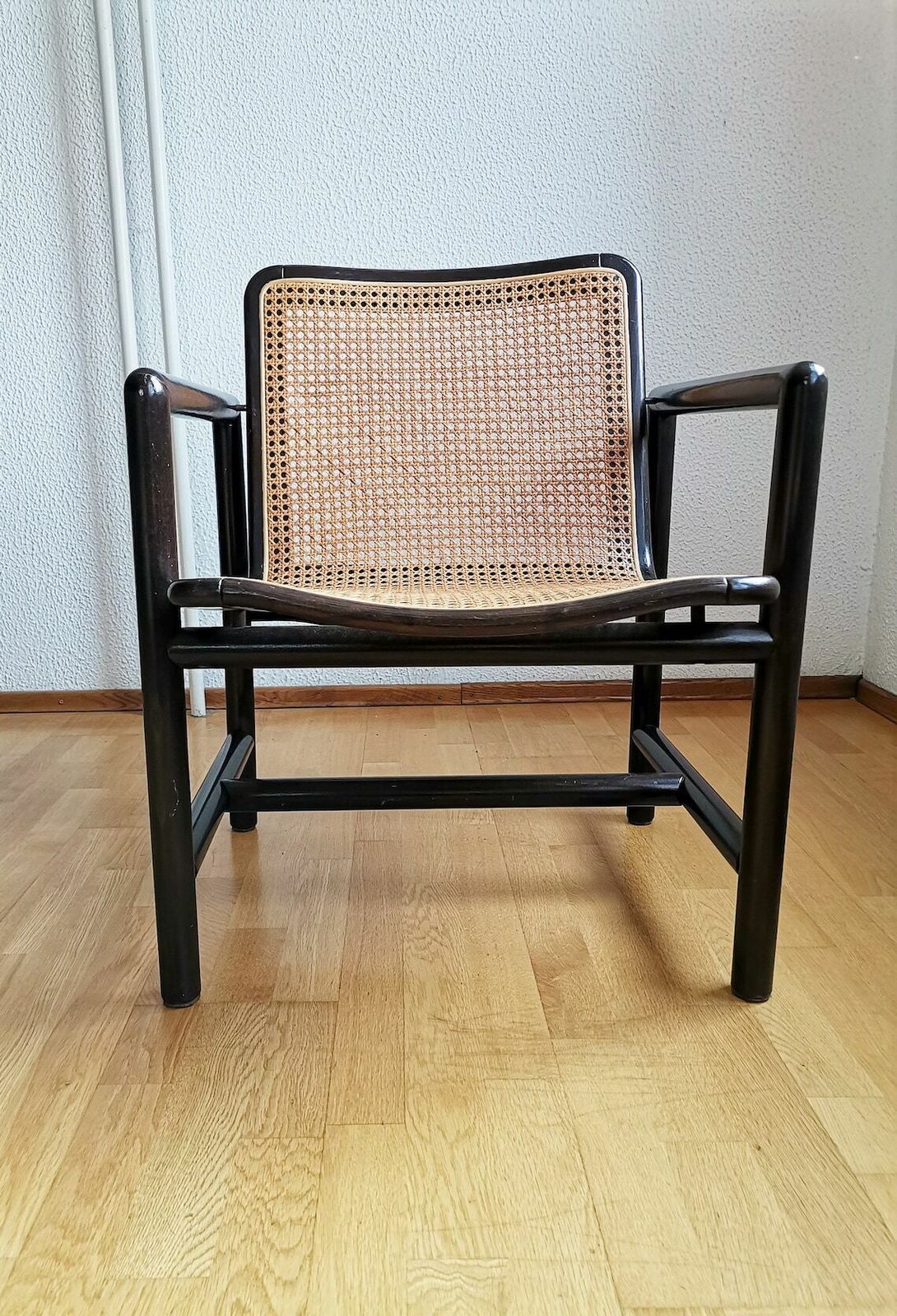 Modern Cane Lounge Chair / Branko Uršič For Stol Kamnik / 1980s Yugoslavia Wood And Cane Net Armchair photo furniture