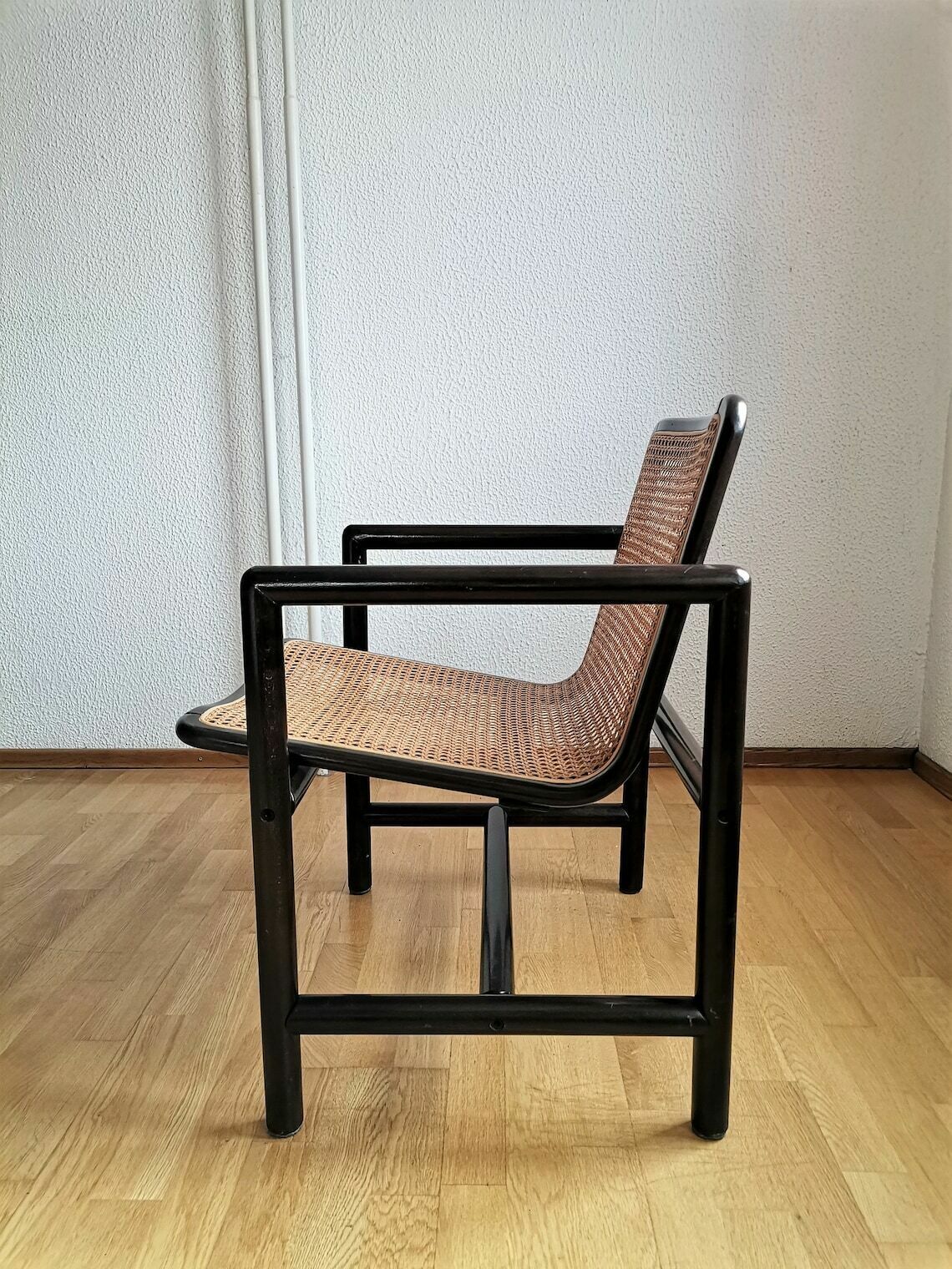 Modern Cane Lounge Chair / Branko Uršič For Stol Kamnik / 1980s Yugoslavia Wood And Cane Net Armchair photo for sale