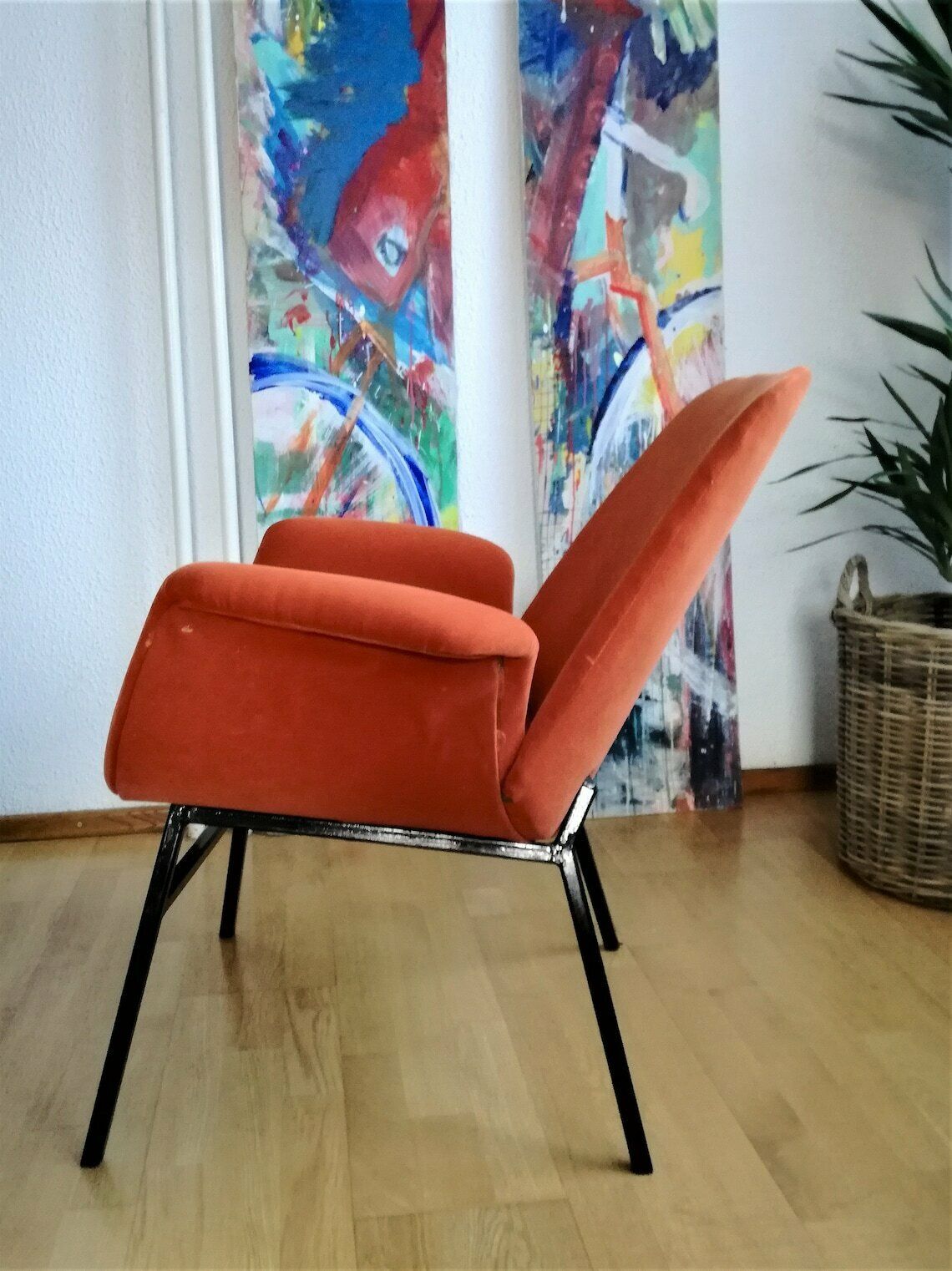 Vintage Mid Century Modern Armchair  Alvin Lustig Style  Soft Orange Fabric  Lounge Chair Angular Metal Frame  1950s Design photo Furniture