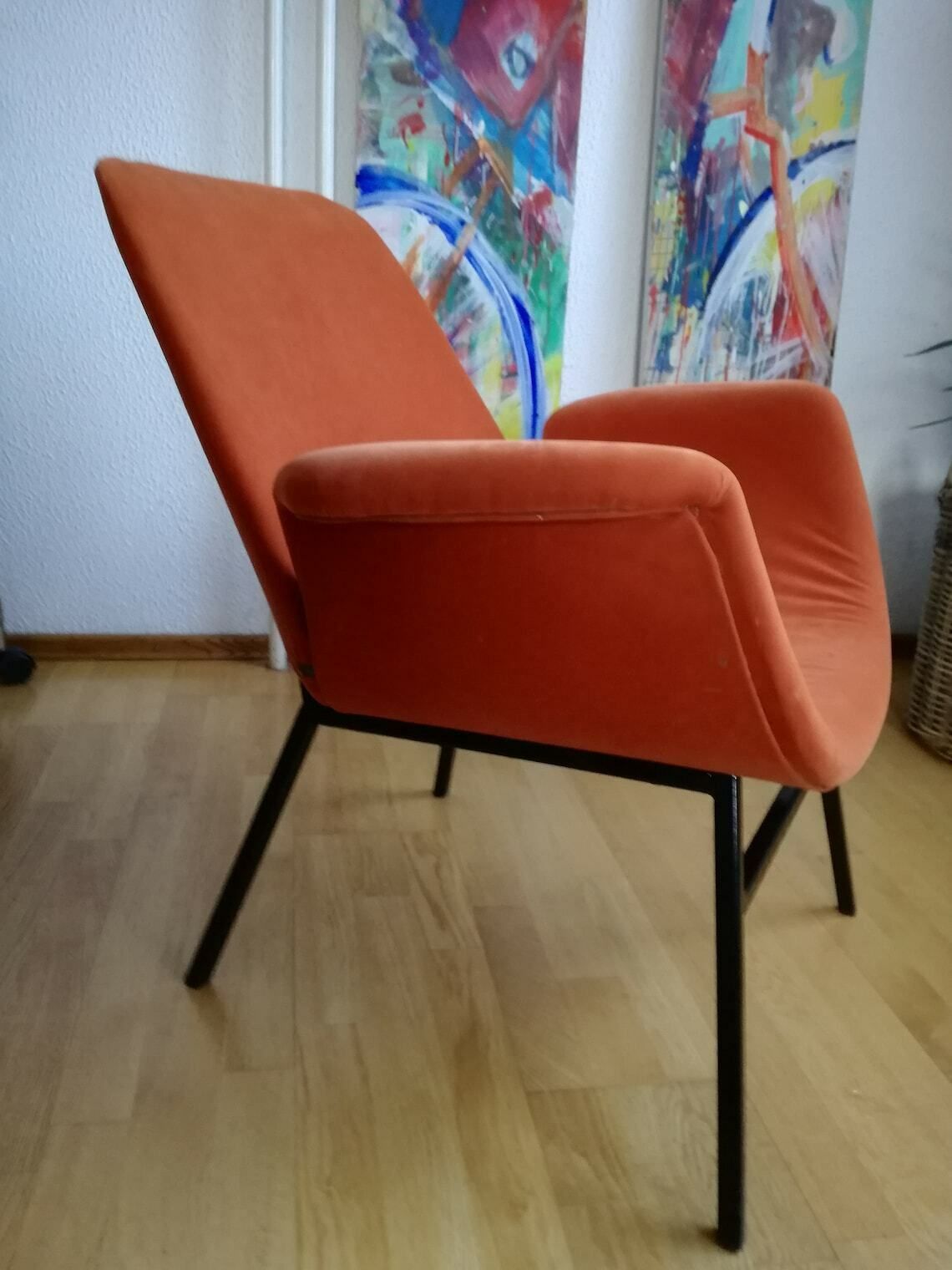 Vintage Mid Century Modern Armchair  Alvin Lustig Style  Soft Orange Fabric  Lounge Chair Angular Metal Frame  1950s Design photo 332.0