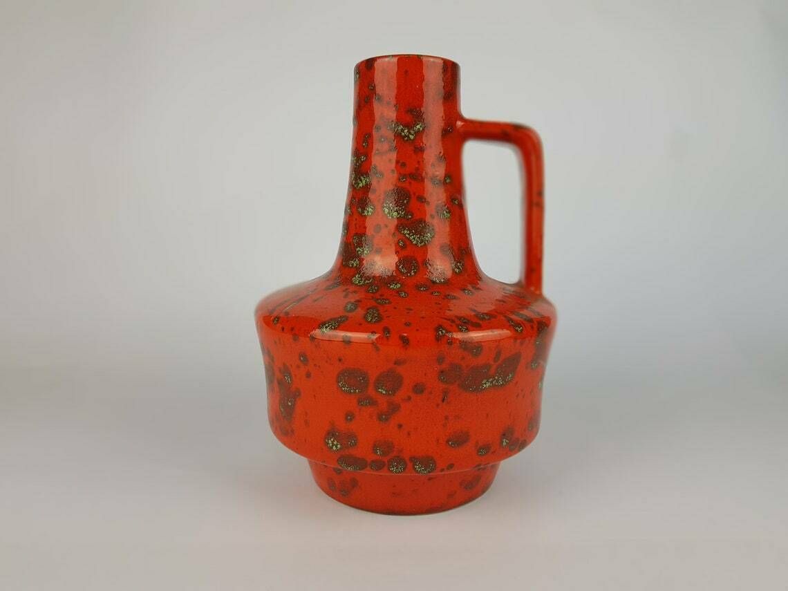 Vintage Es Keramik (Emons Und Söhne) Red Green Splash Decor Fat Lava Vaas 819/21 West Duits Aardewerk Jaren 1970