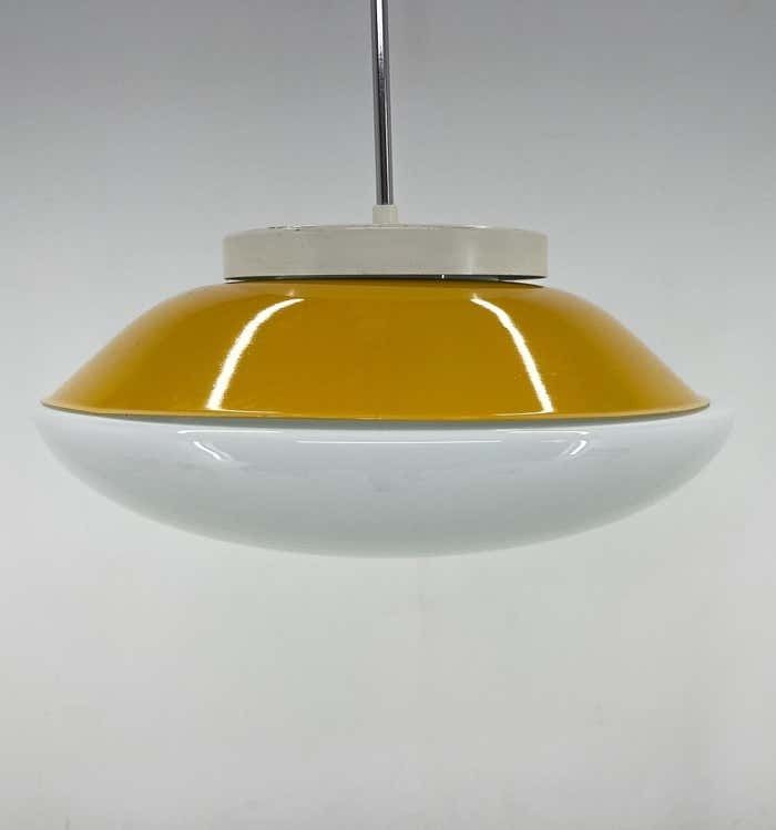 Mid Century Milk Glass & Metal 'Ufo' Pendant Czechoslovakia photo Lighting