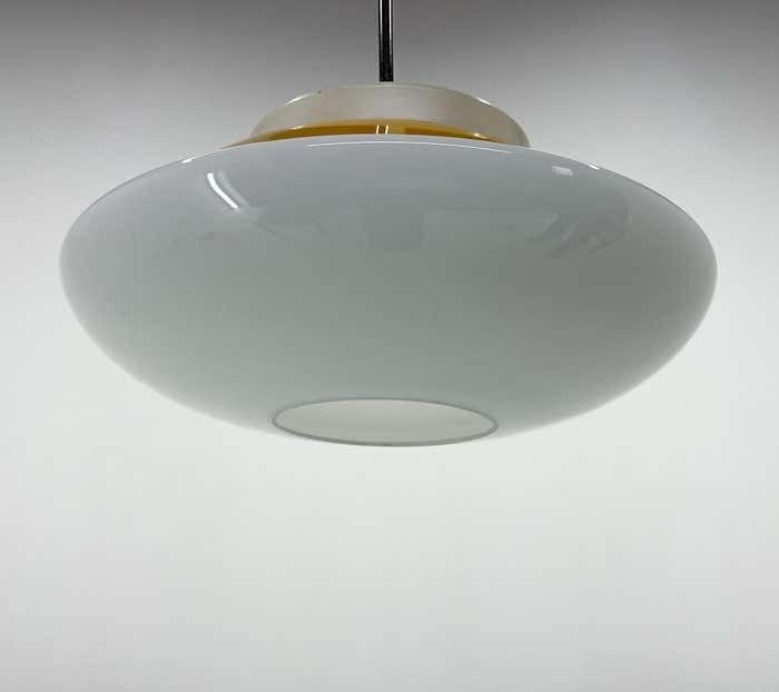 Mid Century Milk Glass & Metal 'Ufo' Pendant Czechoslovakia photo vinterior