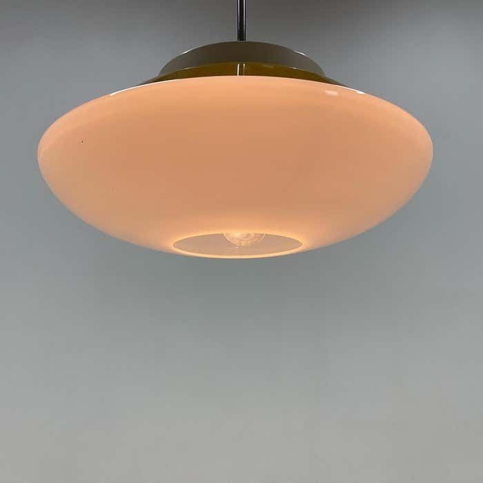 Mid Century Milk Glass & Metal 'Ufo' Pendant Czechoslovakia photo buy