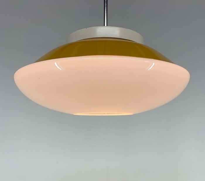 photo for sale Mid Century Milk Glass & Metal 'Ufo' Pendant Czechoslovakia
