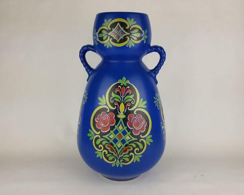 Vintage Xxl Ubelacker (ü Keramik) Blauwe Vloervaas West German Pottery Fat Lava Ca. Jaren 1960–1970