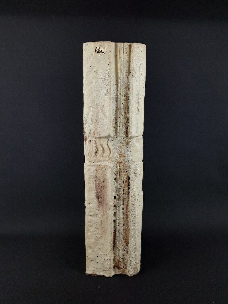 21 Inch Xxl Unique Vintage Triangular Beige Schäffenacker Studio Art Pottery Statue Totem Pole West German Pottery 1960s photo 537.0