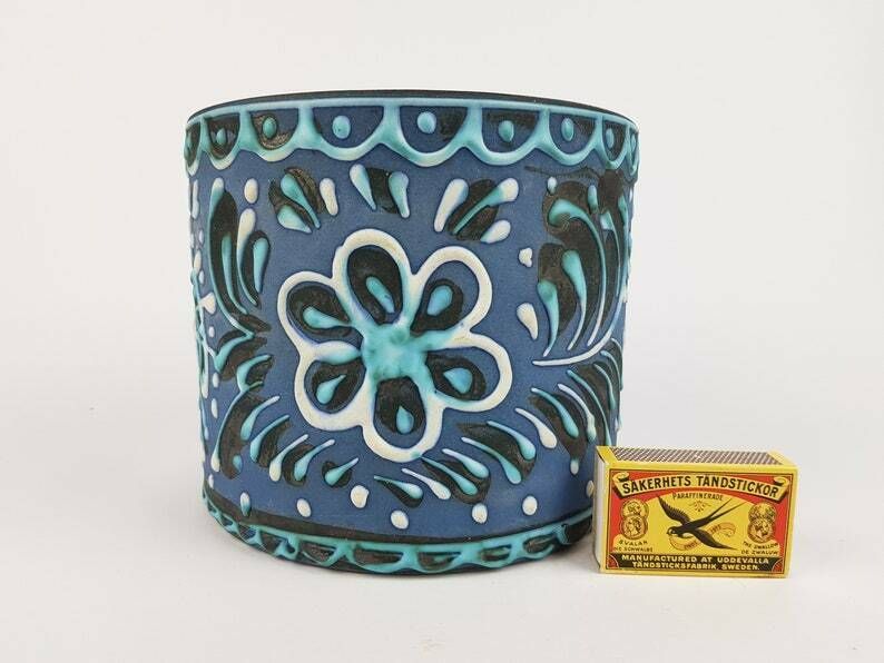 Vintage Marei Keramik Blue Hand Painted Planter Flower Pot West German Pottery 1960s photo furniture